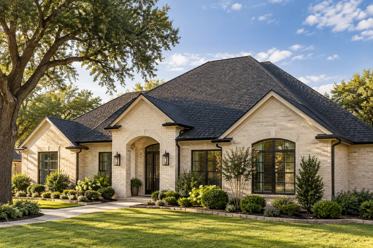 Illustration of a North Texas-style brick home with a charcoal shingle roof